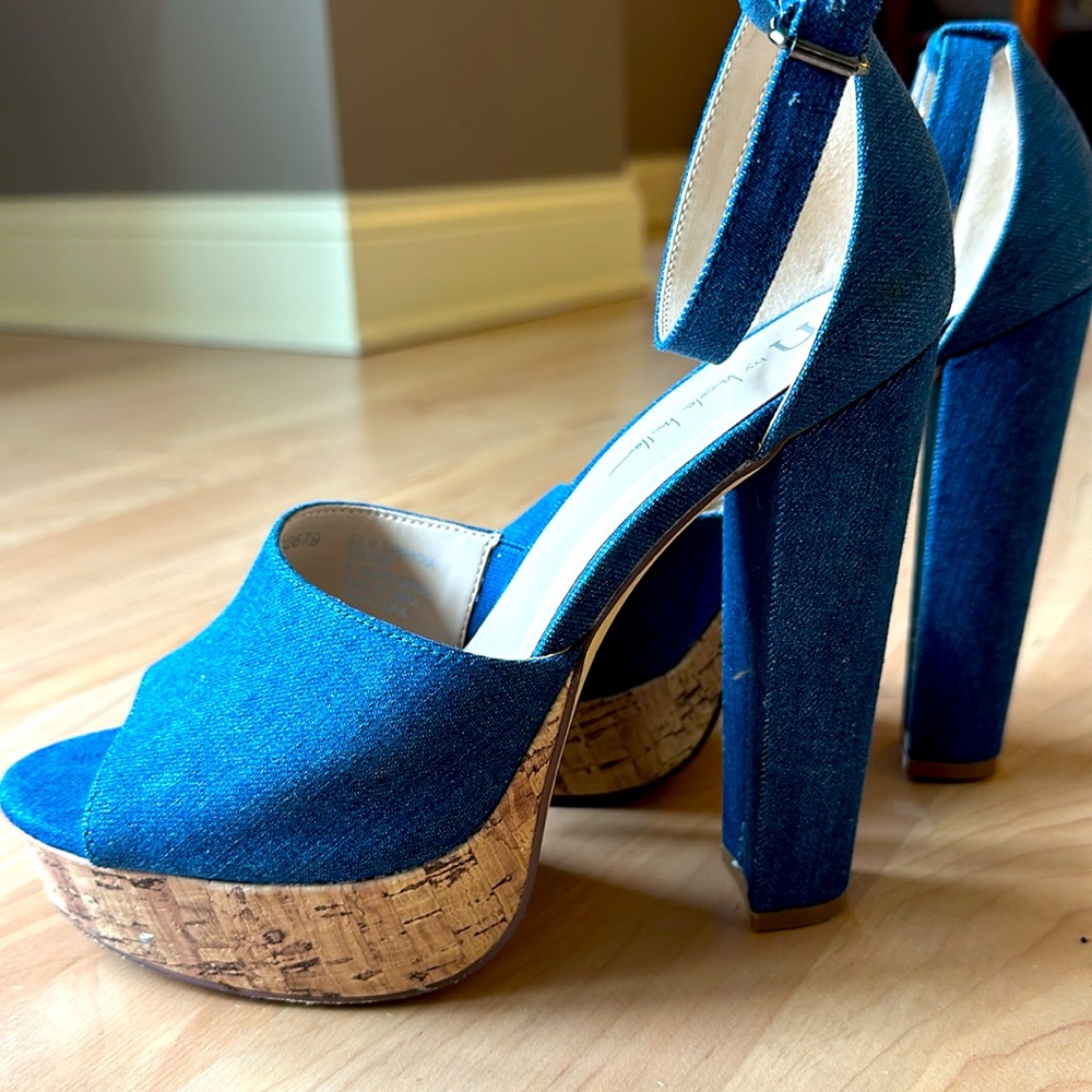 Extra high denim/cork platform heels